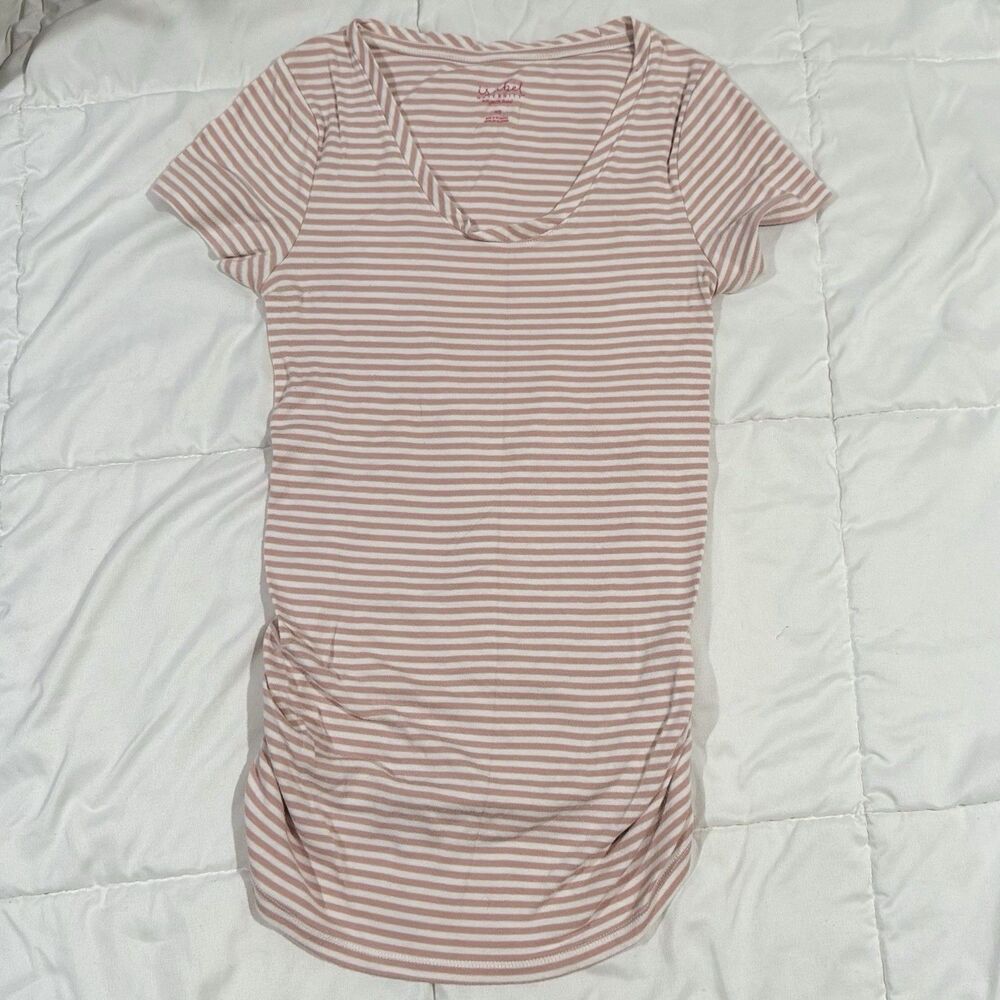 Isabel Maternity Sz XS Pink White Striped Short Sleeve Top Shirt Side Ruched EUC